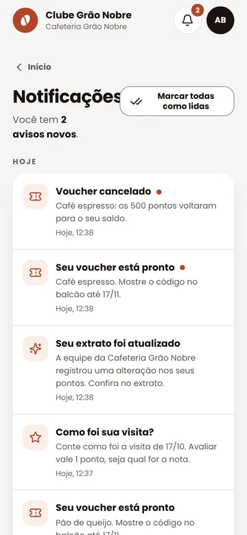 Tela Notificações do clube, com avisos de voucher, extrato e avaliação