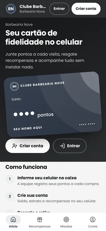 Programa Clube Barbearia Nove no celular, template Carteira, paleta Grafite