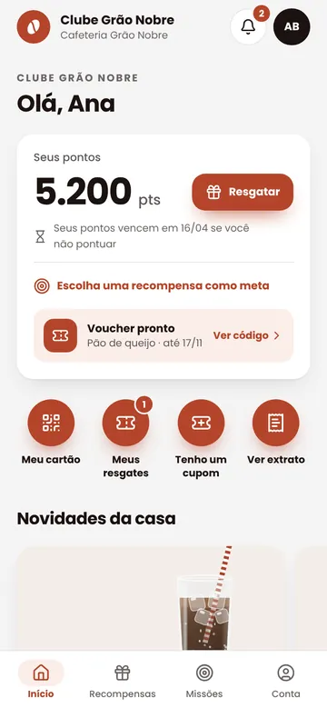 Programa de fidelidade no celular do cliente: saldo de pontos, voucher pronto e novidades da casa