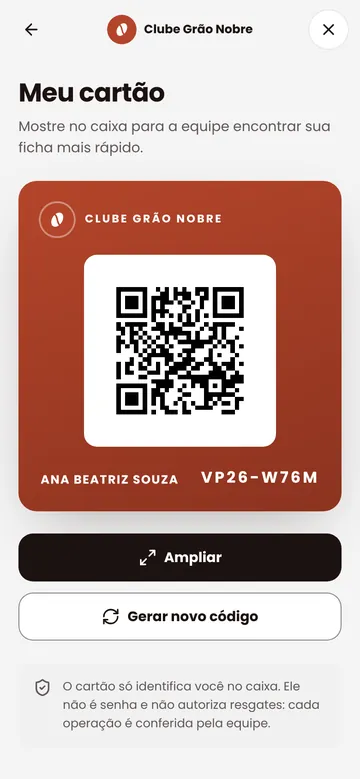 Tela Meu cartão do clube, com QR Code e código do cliente