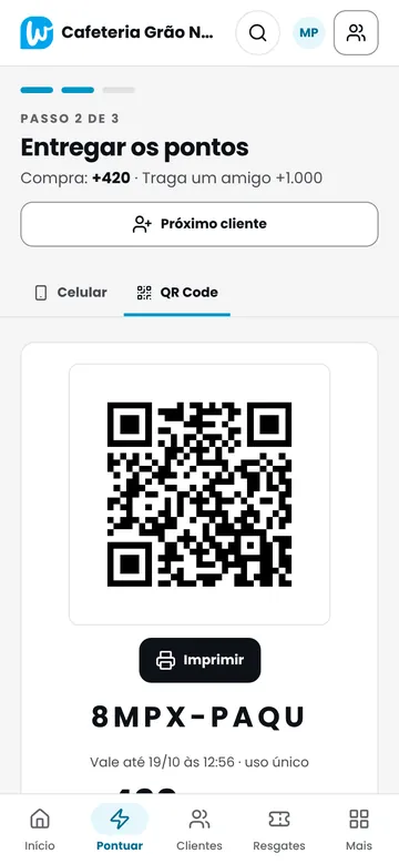 Tela Entregar os pontos com QR Code, código do cupom e botão Imprimir