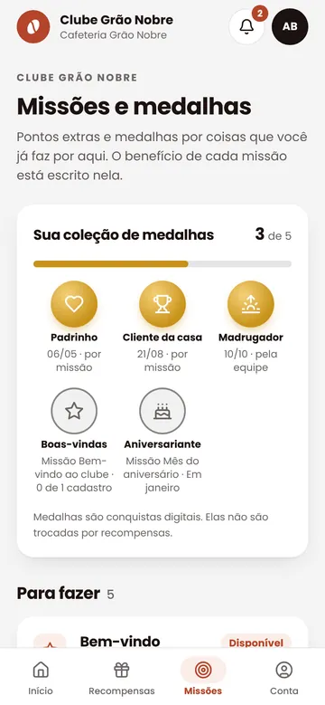Tela Missões e medalhas do clube, com a coleção de medalhas conquistadas