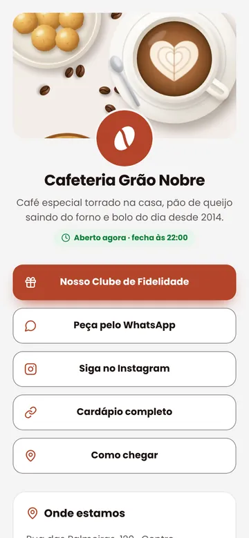 Página de links da Cafeteria Grão Nobre, com o botão Nosso Clube de Fidelidade em destaque