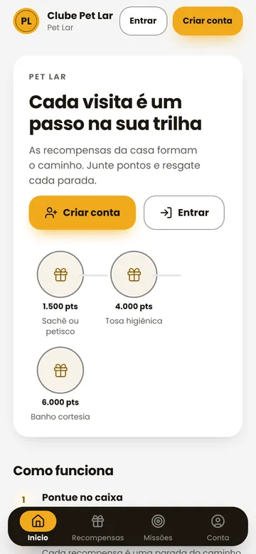 Programa Clube Pet Lar no celular, template Jornada, paleta Girassol: trilha de recompensas
