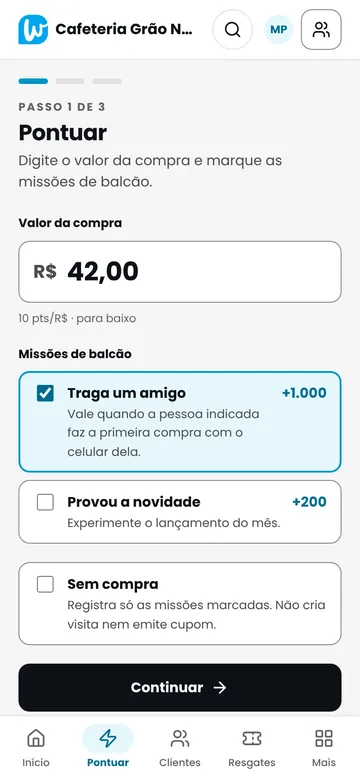 Tela Pontuar no celular da equipe: valor da compra e missões cumpridas