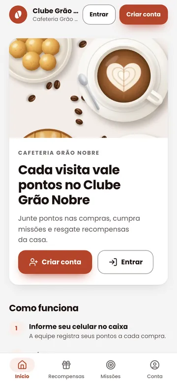 Template Vitrine do clube: foto de capa e convite para criar conta