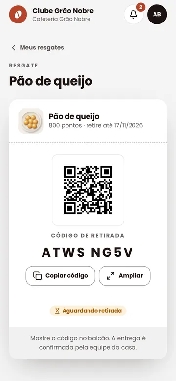 Voucher de retirada no programa do cliente, com QR Code e código